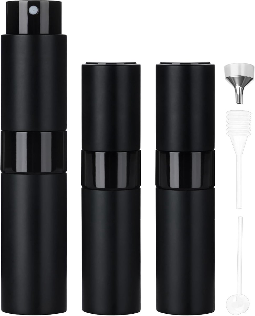 Parfum Verstuiver Navulbaar - 3 stuks - Mini Parfum Flesje - Inclusief accessoires - Parfum Verstuiver Set - Leeg - Reisflesje - Parfum Reisflesje - 8 ML - Zwart