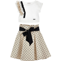 complete gecoordineerde muis en rok met beige en zwarte polka dot print