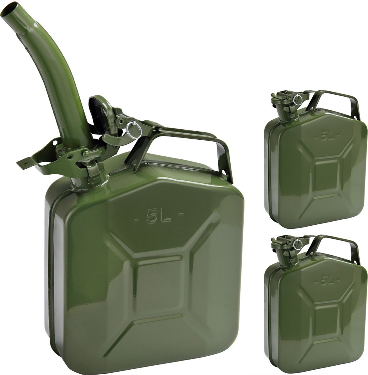 Metalen jerrycanset van 3 groene 5L elk + schenktuit