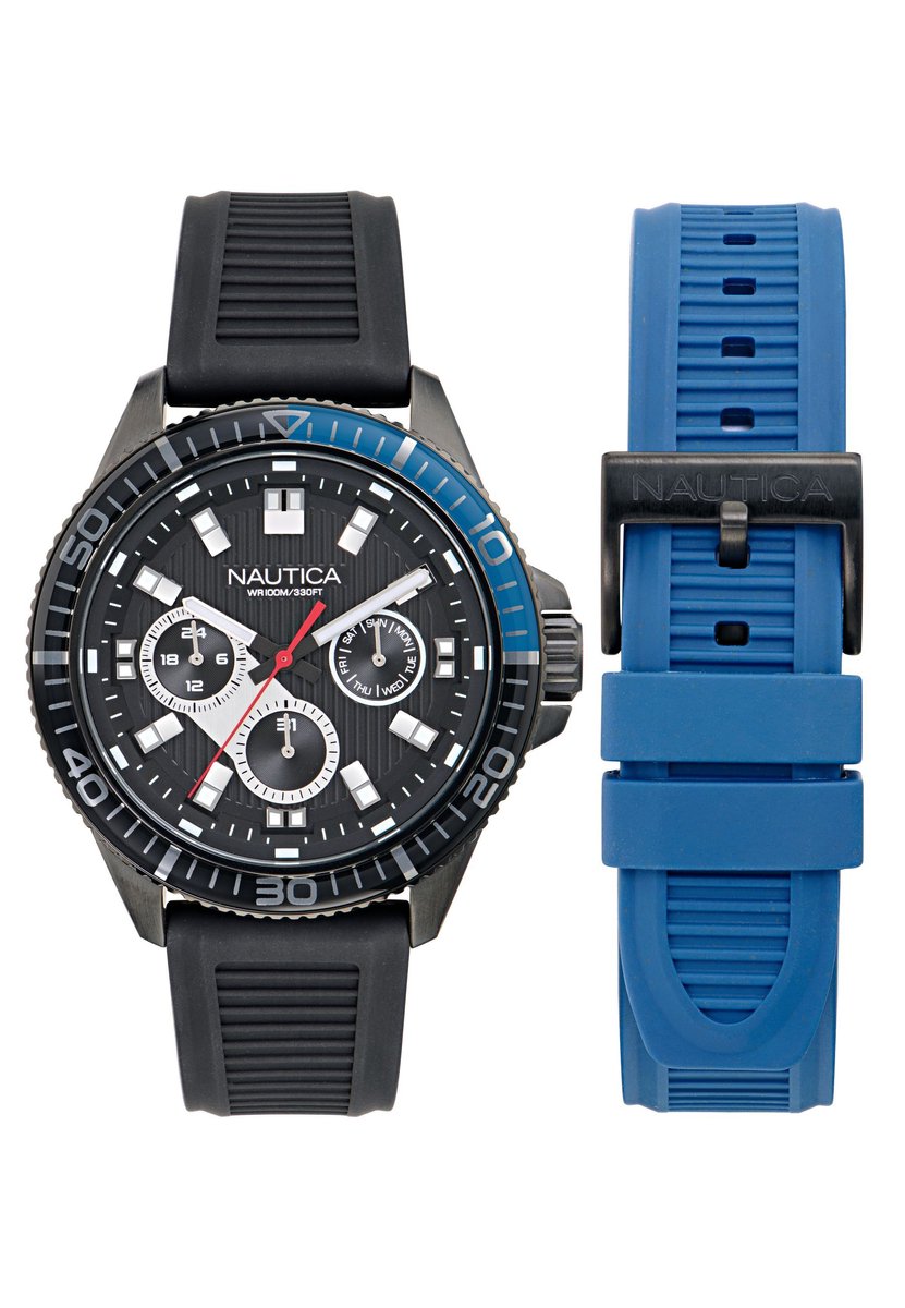 Nautica Nct Windrose Quartz Chronograaf Horloge Zwart & Blauw Kast: 100% Roestvrij Staal. Armband: 100% Siliconen 46.5 NAPWRS503, NAPWRS504