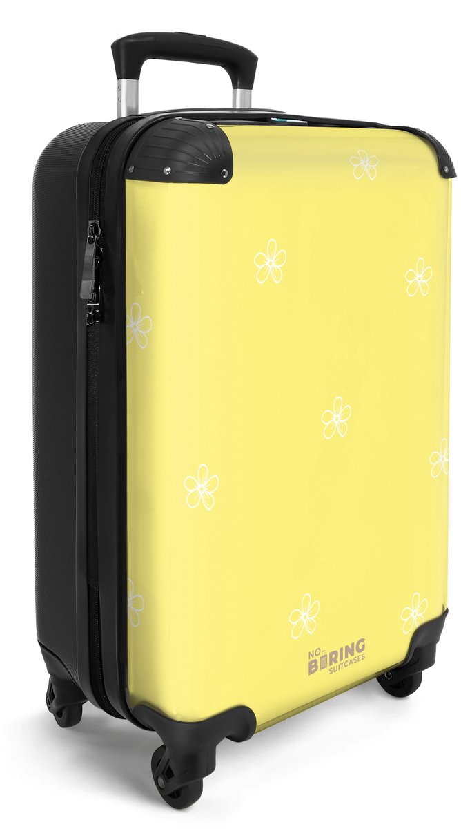 NoBoringSuitcases.com® - Handbagage koffer lichtgewicht - Reiskoffer trolley - Geel met witte bloemetjes - Vakantie rolkoffer met wieltjes - Carryon suitcase - Flightcase - Cabin koffertje - Past binnen 55x40x20 en 55x35x25