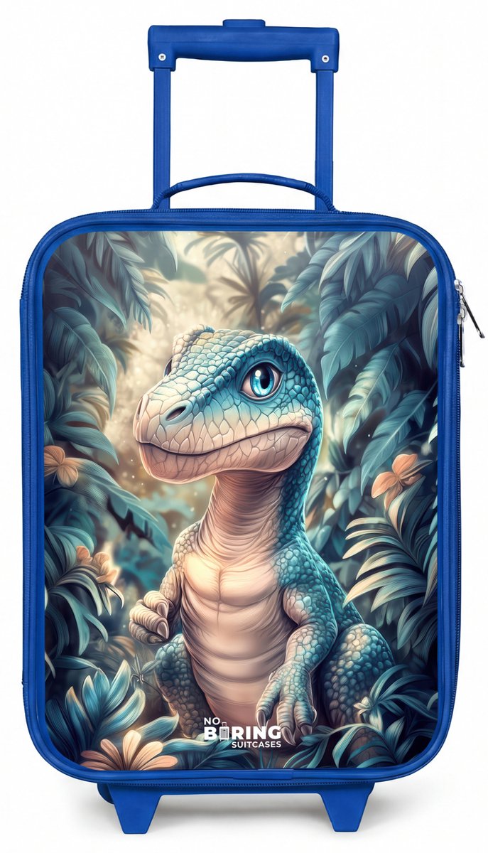 NoBoringSuitcases.com® - Kinderkoffer blauw - Kindertrolley jongen - Dino in mystieke jungle met maanlicht - Koffer kind lichtgewicht - Reiskoffer trolley voor kinderen - Koffertje met lichtgevende wieltjes - Rolkoffer
