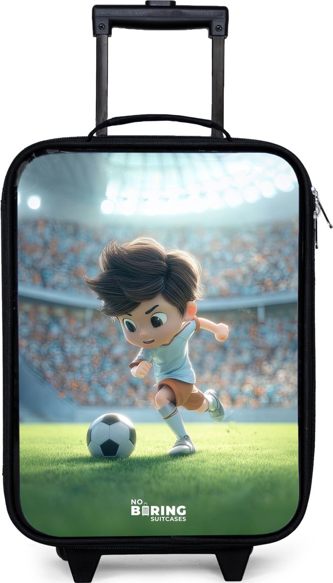 NoBoringSuitcases.com® - Kinderkoffer jongen - Kindertrolley meisje - Jongen - Voetbal - Stadion - Zonlicht - Koffer kind lichtgewicht - Reiskoffer trolley voor kinderen - Koffertje met lichtgevende wieltjes - Rolkoffer zwart