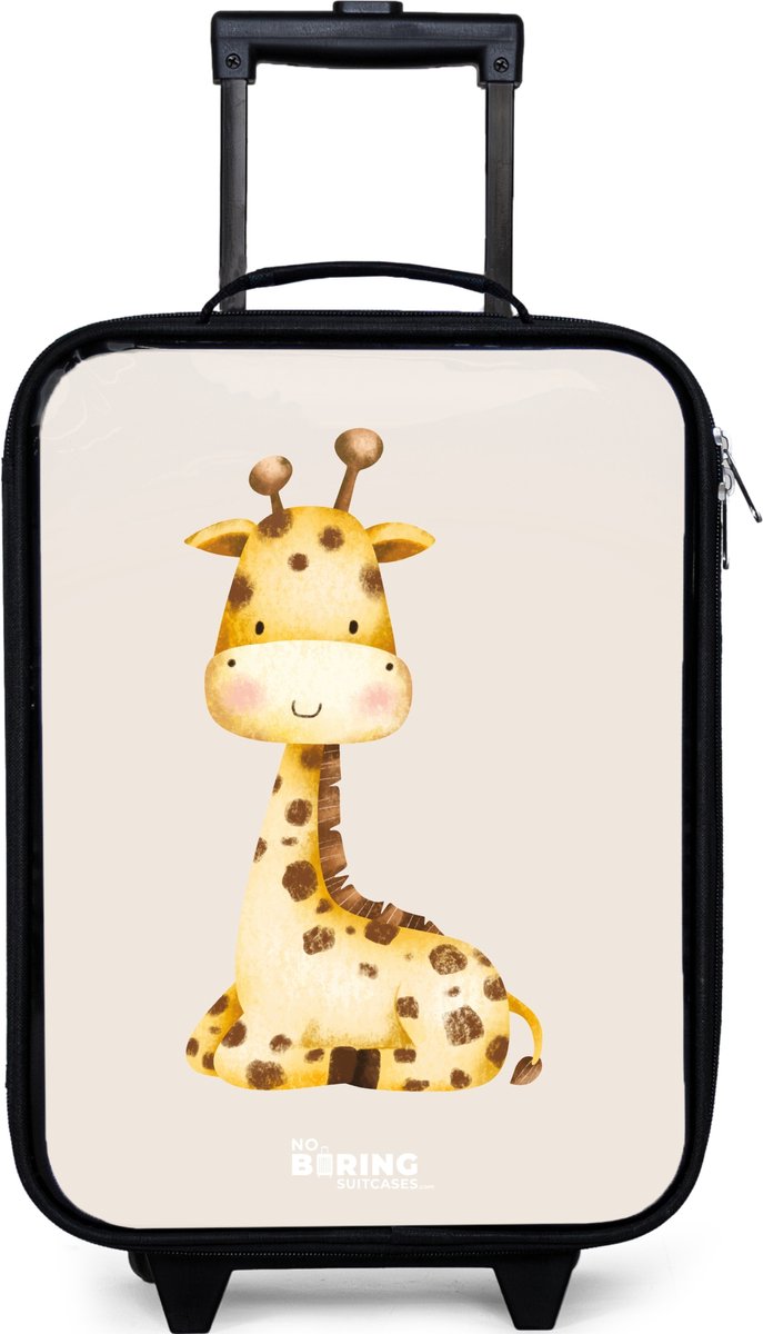 NoBoringSuitcases.com® - Kinderkoffer jongen - Kindertrolley meisje - Liggende giraffe illustratie op beige achtergrond - Koffer kind lichtgewicht - Reiskoffer trolley voor kinderen - Koffertje met lichtgevende wieltjes - Rolkoffer zwart