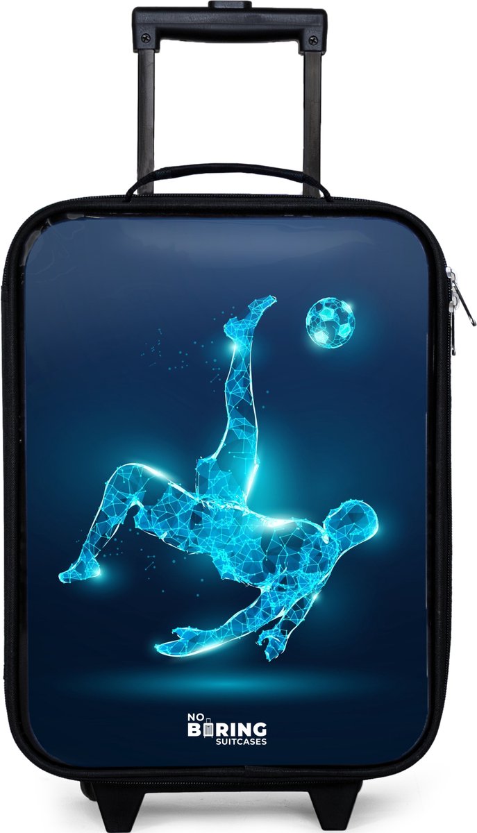 NoBoringSuitcases.com® - Kinderkoffer jongen - Kindertrolley meisje - Omhaal in blauw neonvoetbal - Koffer kind lichtgewicht - Reiskoffer trolley voor kinderen - Koffertje met lichtgevende wieltjes - Rolkoffer zwart