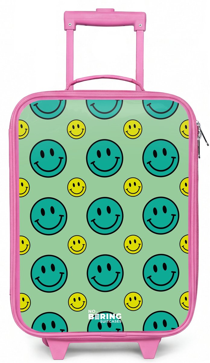 NoBoringSuitcases.com® - Kinderkoffer roze - Kindertrolley meisje - All smiles groen - Koffer kind lichtgewicht - Reiskoffer trolley voor kinderen - Koffertje met lichtgevende wieltjes - Rolkoffer