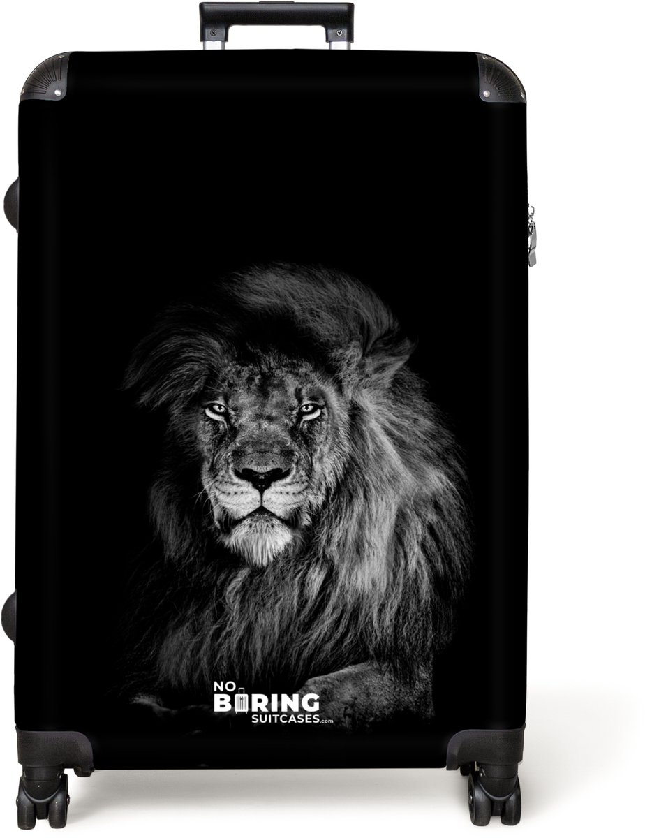 NoBoringSuitcases.com® - Koffer groot - Reiskoffer lichtgewicht - Leeuw - Wilde dieren - Zwart - Dier - Rolkoffer met 4 wielen - Grote trolley XL - 98 liter bagage