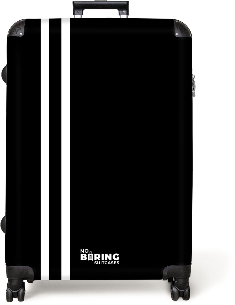 NoBoringSuitcases.com® - Koffer groot - Reiskoffer lichtgewicht - Zwarte achtergrond met dubbele witte zijstrepen links - Rolkoffer met 4 wielen - Grote trolley XL - 98 liter bagage