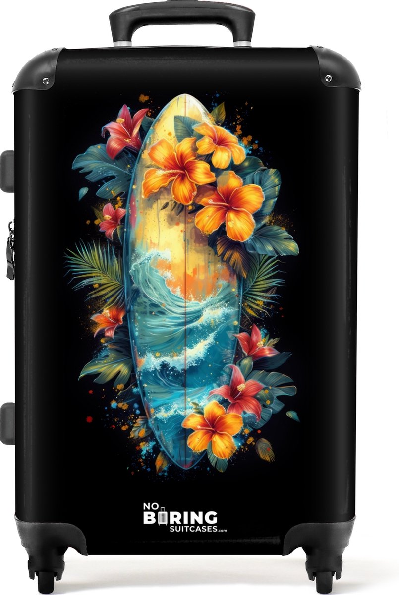 NoBoringSuitcases.com® - Koffer groot - Rolkoffer lichtgewicht - Surfplank omringd door bloemen - Reiskoffer met 4 wielen - Grote trolley XL - 20 kg bagage