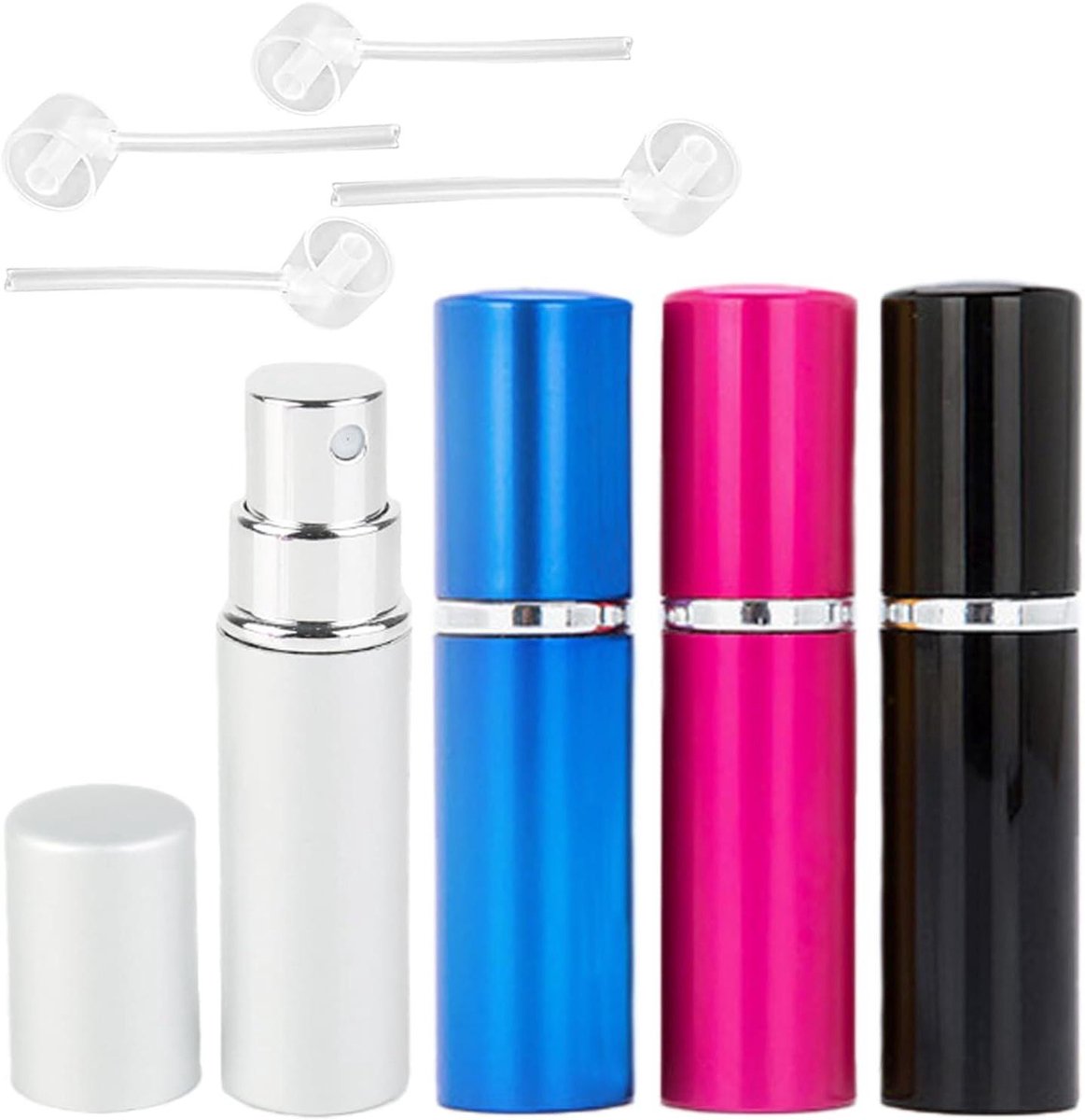 Parfumverstuiver flessen 10 ml - Navulbare reizen aftershave dispenser - Spuitfles mini ondervulling - Lege reisfles - Geschikt voor zakbagage - Zwart Wit Rozenrood Zilver - Set van 4