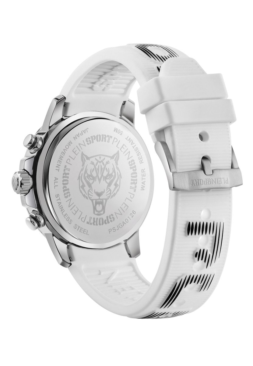 Plein Sport Chronorace Quartz Chronograaf Horloge Wit Kast: 100% Gerecycled Roestvrij Staal| Armband: Siliconen 45 mm PSJGA0126, PSJGA0226, PSJGA0326, PSJGA0526