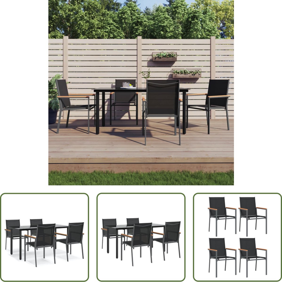 The Living Store Tuinset - Eettafel 160x80x74 cm - 4 Stoelen 55x61.5x90 cm - Zwart - Textileen en Gehard Glas