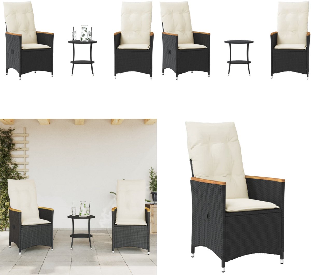 vidaXL 3-delige Bistroset met kussens poly rattan zwart - Bistroset - Bistrosets - Loungeset - Tuinset