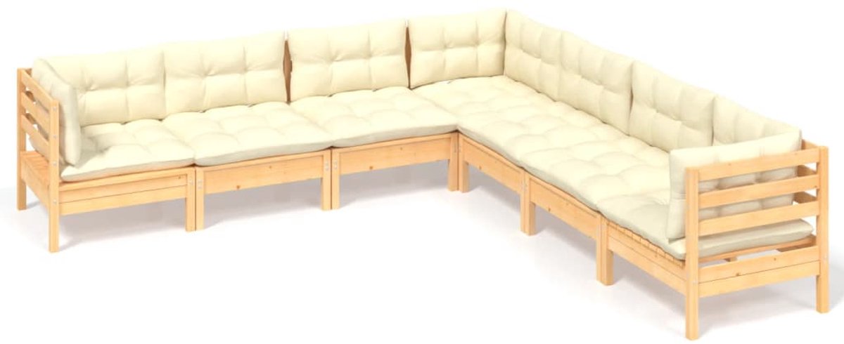 vidaXL - 7-delige - Loungeset - met - crèmekleurige - kussens - massief - grenenhout