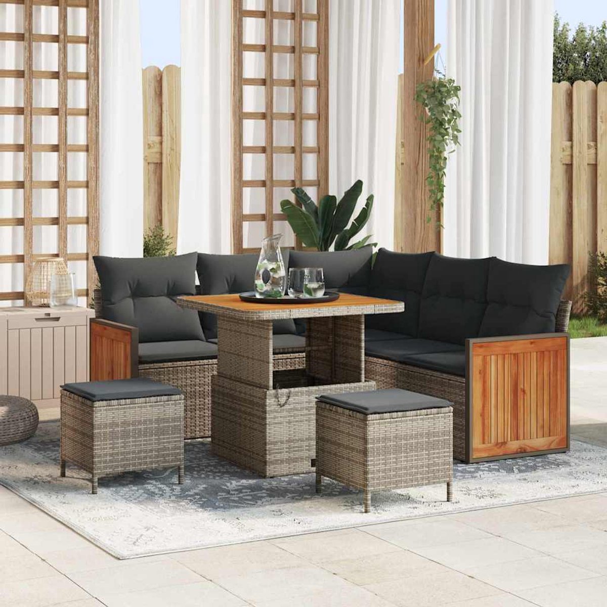 vidaXL - Tuinbank - Set - met - kussen - 9 - pcs - Grijs - poly - rattan